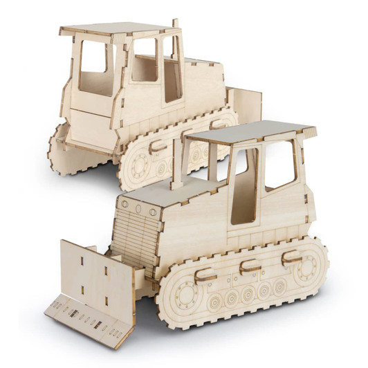 A wooden model of a bulldozer, featuring detailed cut-outs and a pale wood finish, with a logo present.