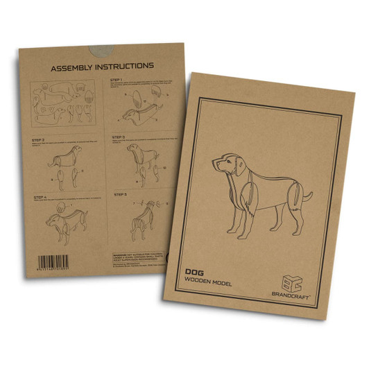 Assembly instructions for a wooden dog model, featuring diagrams in black on a brown background. Contains a logo.