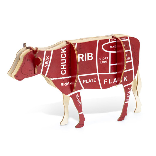 A wooden model of a cow in red and natural wood, featuring detailed sections labelled with meat cuts.