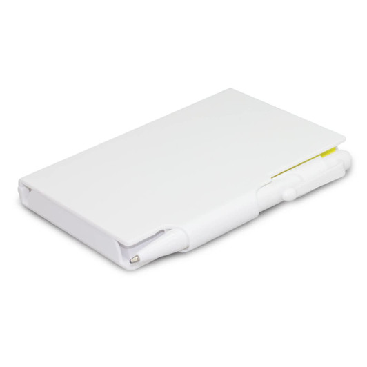A white notebook called Flag Pad, featuring a pen and sticky flags for organization.