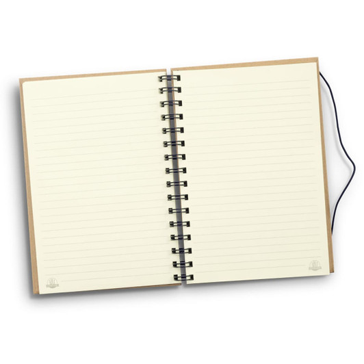A spiral notebook with beige covers and lined pages, featuring a logo on the bottom corners.