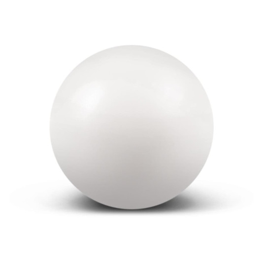 A white stress ball with a smooth surface, designed for squeezing and alleviating stress.