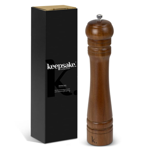 A wooden pepper mill with a glossy finish, accompanied by a sleek black box featuring branding.