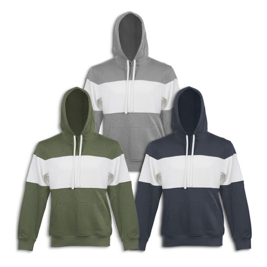 A set of three TRENDSWEAR Fairmount Unisex Hoodies in grey, green, and navy, each with a white stripe and hood.