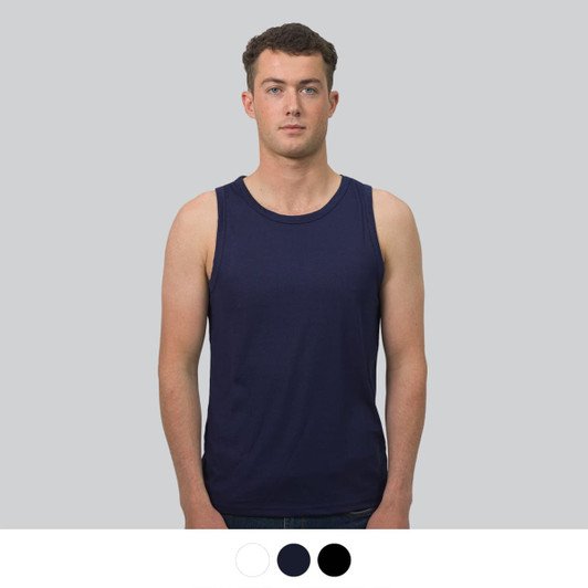 A navy blue men's sports tank top displayed on a model with options for white and black below.