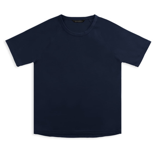A navy women's sports T-shirt with a round neckline and short sleeves, featuring a logo.