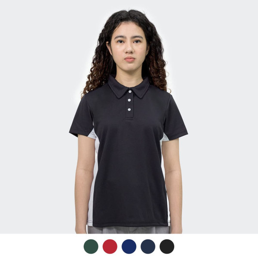 A black women's polo shirt with a contrasting design, featuring a logo on the chest area. Available in various colours.