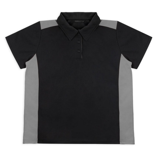 A black and grey polo shirt featuring a collar and short sleeves, with a logo on the chest area.
