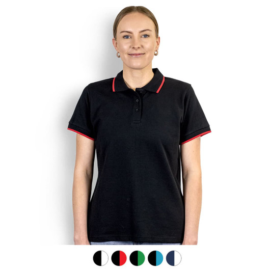 A black women's polo shirt with red accents and a logo, featuring a classic collar and button placket.