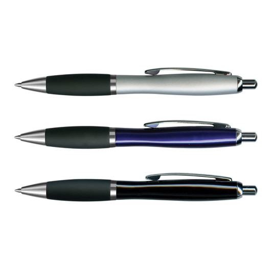A collection of three metal pens in silver, blue, and black, each with a textured grip and chrome accents.