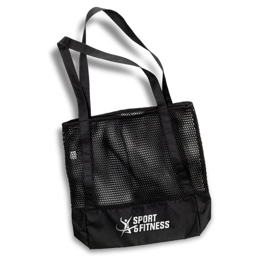 A black mesh sports tote bag with two shoulder straps and a logo on the front.