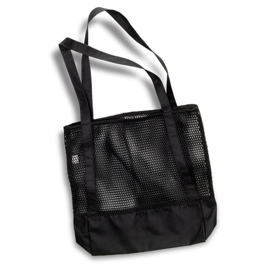 A black sports tote bag with mesh sides and fabric bottom, featuring long shoulder straps and a logo.