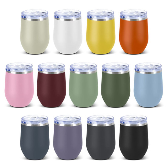 A drink bottle collection featuring ceramic vacuum cups in various colours: white, yellow, orange, pink, green, blue, grey, and black.