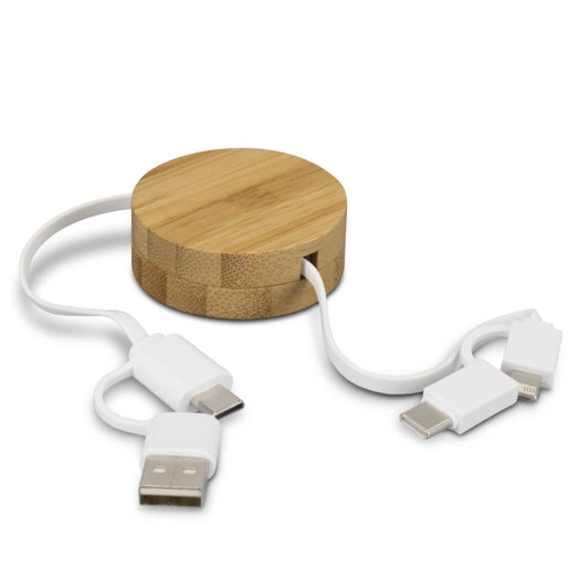 A bamboo retractable charging cable with white connectors for USB, USB-C, and Lightning. Circular design.