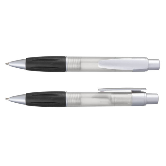 A plastic pen set in black and transparent with silver accents and a branding logo.