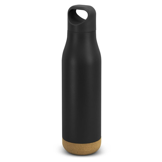 A drink bottle in matte black with a cork bottom and a handle on the lid, featuring a logo.