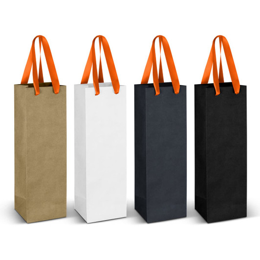 A set of four paper bags in olive green, white, black, and charcoal, each with orange ribbon handles.