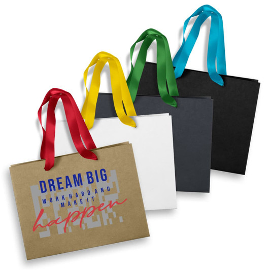 A set of medium ribbon handle paper bags in black, white, brown, and a colourful design with various ribbon colours.