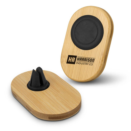 A bamboo car phone holder featuring a black rubber grip and a logo. The design is oval and eco-friendly.