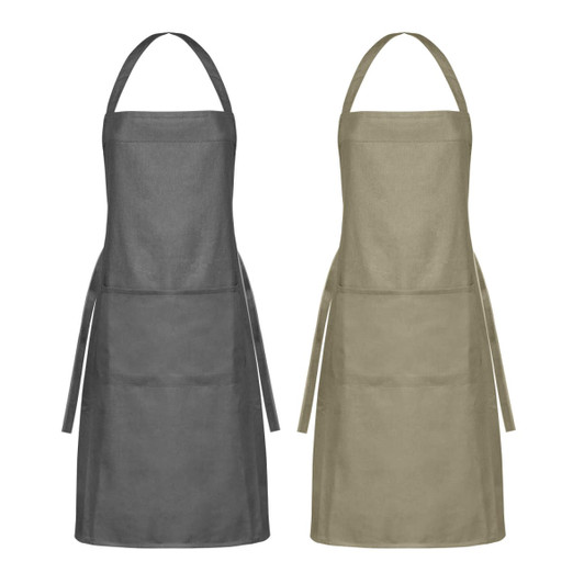 Two aprons in grey and khaki, featuring a simple design with adjustable straps and a pocket. Both have a logo.