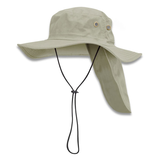 A wide-brim khaki hat with a neck flap and a chin strap, featuring two brass eyelets.