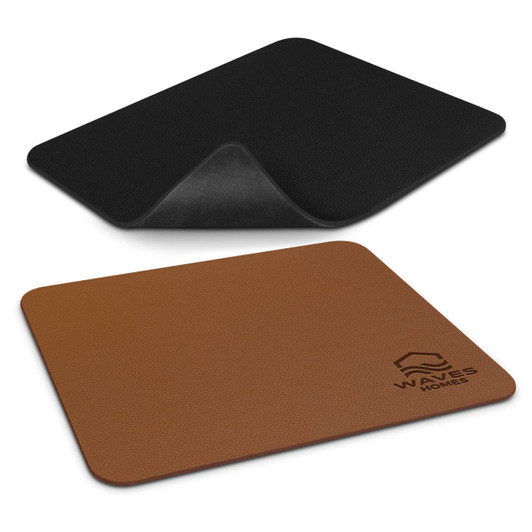 A leatherette mouse mat featuring a black underside and a brown top, with a logo printed on it.
