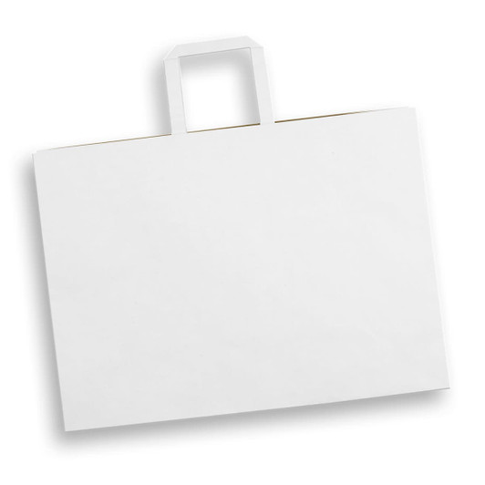 A flat, extra large white paper bag with a landscape orientation and a top handle. It has a logo on the front.