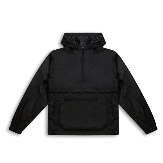 A black women's windbreaker jacket featuring a hood and a front pocket. It has a logo on the design.