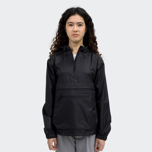 A black windbreaker jacket for women featuring a hood and a front pocket, displaying a logo on the front.