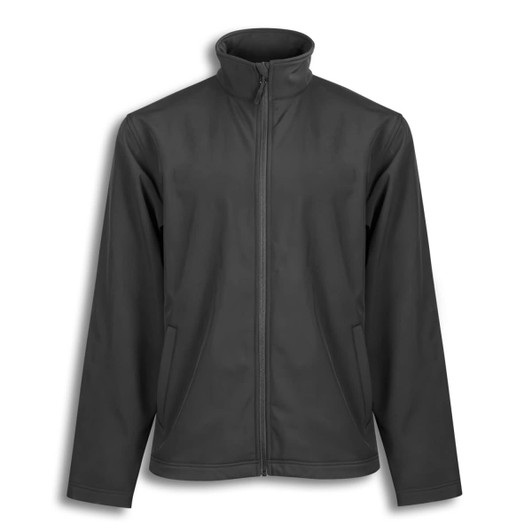 A unisex jacket in black, featuring a zip front and side pockets, along with a branding logo.