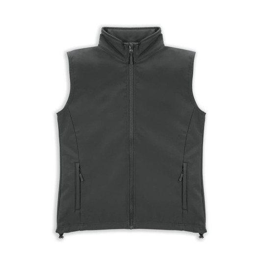 A dark grey women's vest with a high collar and two zippered side pockets. It features a logo on the design.