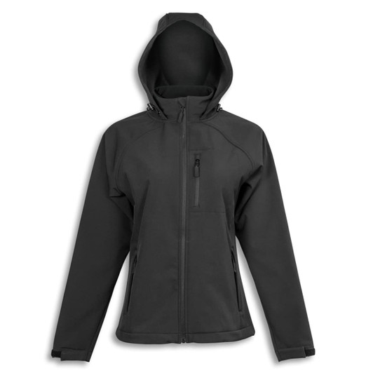 A black women's soft shell jacket with a hood, featuring a zippered front and pockets, and a logo.