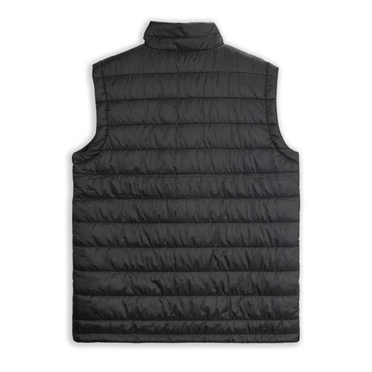 A unisex puffer vest in black with a quilted design and a high collar. It features a branding logo.