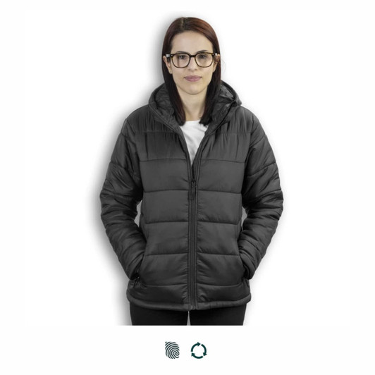 A black women's puffer jacket with a hood, worn by a model standing with hands in pockets. Features branding on the jacket.