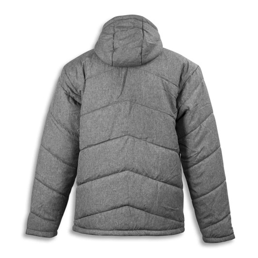 A grey puffer jacket with a hood, featuring a quilted texture and a branding logo on the back.