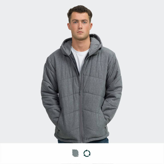 A grey puffer jacket with a hood, featuring a zip front and side pockets, worn by a model standing against a light background.