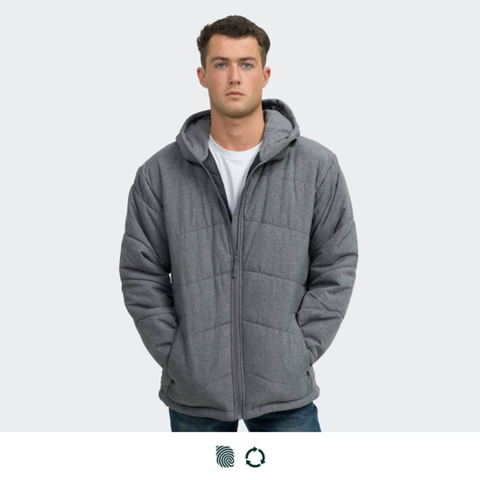 A grey puffer jacket with a hood, featuring a zip front and side pockets, displayed on a model.