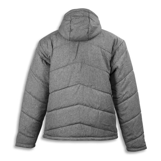 A grey puffer jacket with a hood, featuring a chevron quilted design on the back. It has a logo.