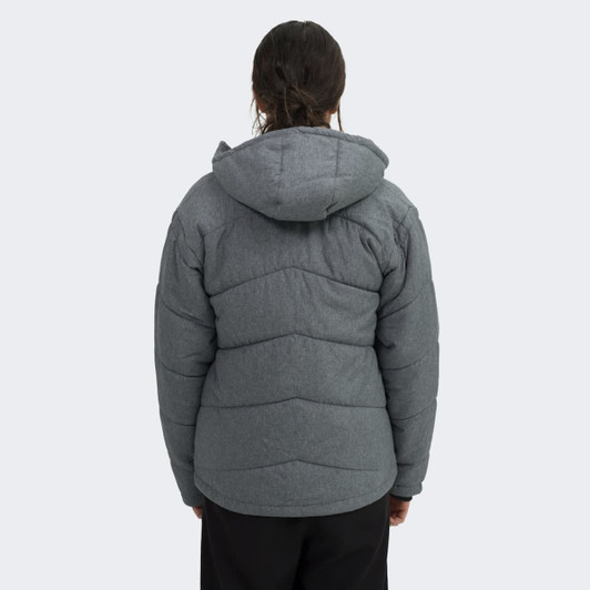 A grey women's puffer jacket with a hood, featuring a quilted design and a logo on the back.
