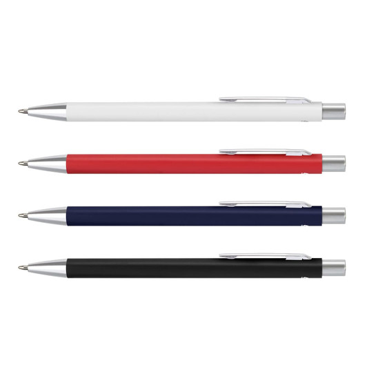 A set of four metal pens in white, red, navy blue, and black, each featuring a silver clip and detailing.