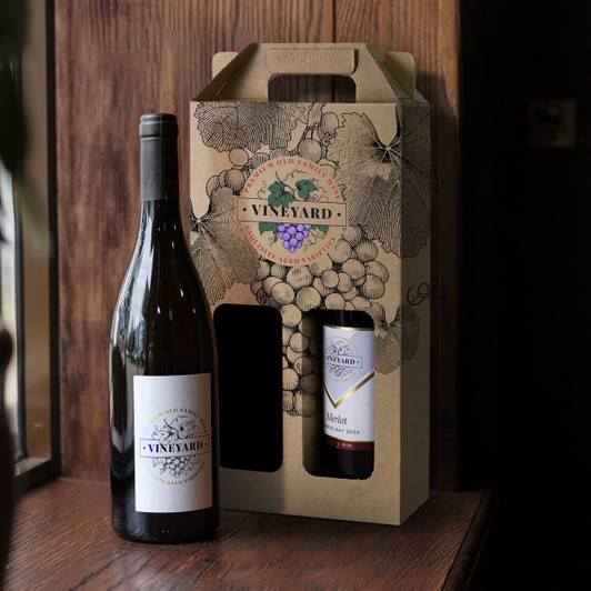 A wine carry pack in brown cardboard with a logo, holding a bottle of Merlot and a larger wine bottle.