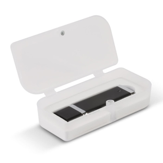 A Quadra 4GB Flash Drive in a transparent case. The drive is compact and features a sleek black design.