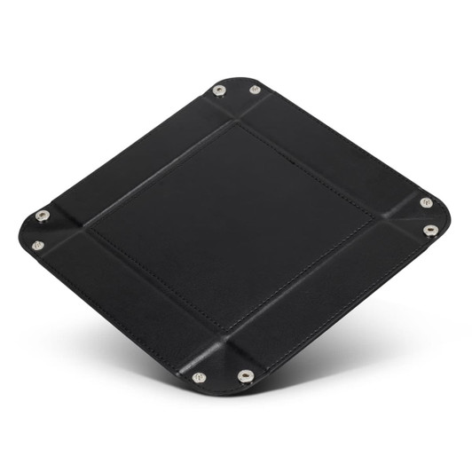 A black valet tray with a smooth surface and metal fasteners at the corners. Features a simple, elegant design.