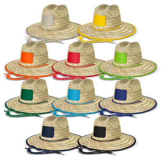 A collection of straw hats in various colours, featuring a decorative band and an empty patch for branding.