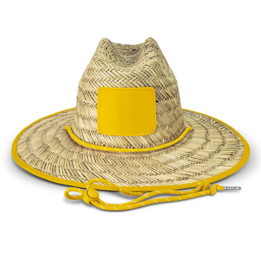 A straw hat with a wide brim, featuring a yellow band and chin strap, displayed on a white background.