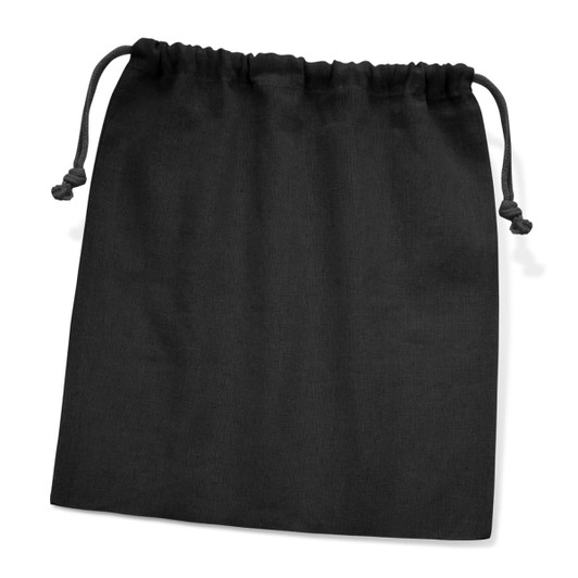 A large black cotton gift bag with a drawstring closure and no visible branding.