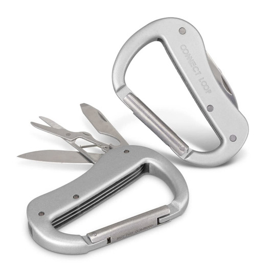 A silver carabiner multi-tool featuring scissors, a screwdriver, and other small tools. Includes a logo.