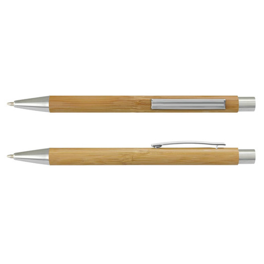 A bamboo pen with silver accents, featuring a sleek design and a clip for easy attachment.