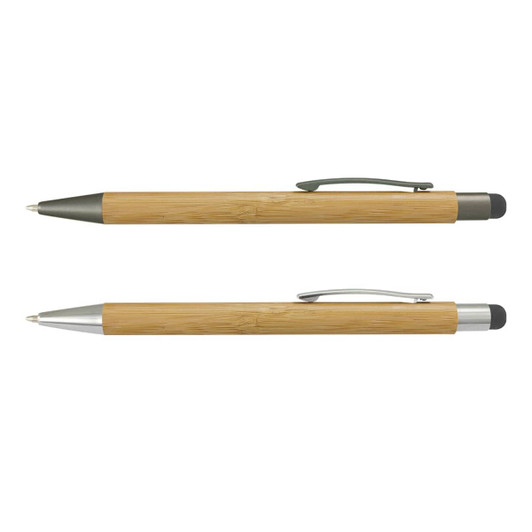 A bamboo stylus pen featuring a silver clip and tip, with a black rubber stylus end, displayed from two angles.
