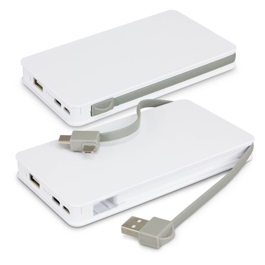 A white power bank with a grey accent and a USB cable attached, designed for wireless charging.